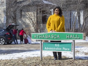 Nicole Israel, who came to the University of Saskatchewan from Colombia as an international student in January, is pictured outside of the Athabasca Hall residence on the U of S campus. The U of S estimates 50 per cent of students living on campus have left since the university moved all classes online in light of the COVID-19 pandemic. Israel says she sees more people leaving every day.