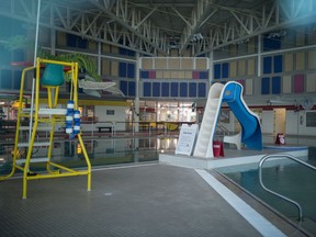 The pool at the Sandra Schmirler Leisure Centre sits empty after being closed over concern around COVID-19 in Regina, Saskatchewan on March 20, 2020.