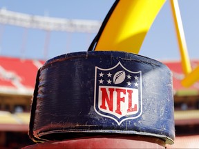 In this Jan. 19, 2020 file photo, a detail view of the NFL logo on the goal post stanchion before the AFC Championship game between the Kansas City Chiefs and the Tennessee Titans at Arrowhead Stadium in Kansas City, Miss. (David Eulitt/Getty Images)