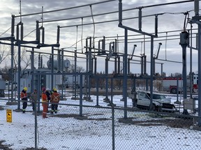 Saskatoon power crews and police responded on March 25, 2020 after an SUV crashed into a city power station at 33rd Street and Edmonton Avenue (Liam Richards / Saskatoon StarPhoenix)