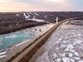 The North Saskatchewan River overflowed its banks this weekend, spreading into the ditches of Highway 6 at the Wapiti Valley ski hill between Melfort and Nipawin. River breakup has been carefully watched this year, thanks to a fast melt. This photo was captured very early April 27 by Broadleaf Media.