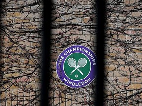Wimbledon branding is seen at The All England Tennis and Croquet Club, best known as the venue for the Wimbledon Tennis Championships, on April 01, 2020 in London, England.