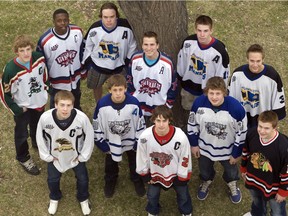 The 2011 WHL Bantam Draft included: (front row, from left) Rourke Chartier, Jesse Shynkaruk, Kolten Olynek, Ross Hnidy, Braden Oleksyn, (back row, from left) Collin Shirley, Vukie Mpofu, Rodney Southam, Cody Young, Dawson Leedahl and Rylan Parenteau. (GREG PENDER/STAR PHOENIX)