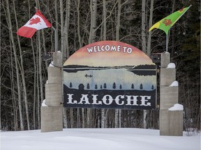 The welcome sign at the entrance to the city on Highway 155 in La Loche, SK on Thursday, February 22, 2018.