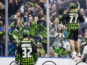 Saskatchewan Rush forward Jeff Shattler celebrates a goal during first half action against the Colorado Mammoth in Saskatoon on Jan. 18, 2020.