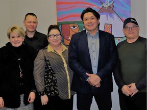 U of S researchers Dr. Caroline Tait and Simon Lambert with NEIHR partners Métis Nation-Saskatchewan Health Minister Marg Friesen, Whitecap Dakota First Nation Chief Darcy Bear, and MN-S President Glen McCallum. The team is working to create a network of Indigenous research centres to support northern communities.