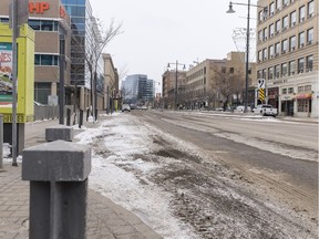 With many businesses shut and people urged to stay home, Third Avenue downtown in Saskatoon, Sask., sits quiet on Wednesday, April 1, 2020.