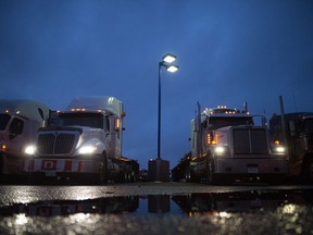 Semi trucks sit in the parking lot of the Esso truck stop on the east end of Regina, Saskatchewan on April 4, 2020. BRANDON HARDER/ Regina Leader-Post