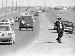 Every Thursday, we feature an image from the StarPhoenix archives. Today, we see a police officer enforcing the speed limit, from April 9, 1986. (City of Saskatoon Archives StarPhoenix Collection S-SP-A25390-2)