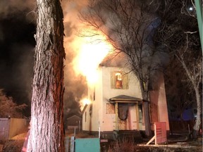 A structure fire ripped through a house believed to be abandoned in the 300 block of Avenue P South Friday April 10, 2020. Photo submitted by Saskatoon Fire Department.