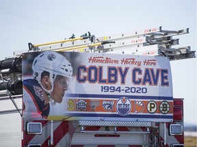 Well-wishers gathered along Highway 16 to show support for the family of NHL player Colby Cave. Cave died on April 11th from a hemorrhagic stroke. Photo taken in North Battleford, SK on Monday, April 13, 2020. 
Saskatoon StarPhoenix / Matt Smith