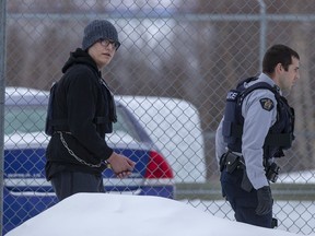 A publication ban on the identity of Randan Fontaine, the young man who killed four people and injured seven others in La Loche in 2016, was lifted on April 16, 2020. Fontaine (pictured outside La Loche provincial court on Feb. 23, 2017) was 17 years old when he went on a shooting spree in and around his community's school on Jan. 22, 2016.