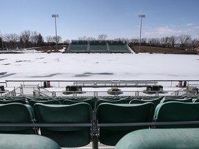 SMF Field, part of the Gordie Howe Sports Complex, is seen empty, covered with snow, in Saskatoon on April 16, 2020. Sports fields in Saskatoon are off-limits until the end of June.