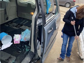 A photo showing damage to a van owned by EGADZ, an organization that operates a drop-in centre a, network of homes and a community outreach program for youth in Saskatoon. (Facebook)