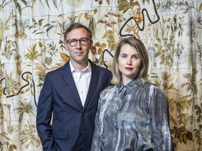 Following what it called an "expansive search" by its board of directors, Remai Modern on April 22, 2020 introduced Aileen Burns and Johan Lundh (posing in front of in front of Carol McGregor, Skin Country, 2018) as co-executive director and CEO. (Photo courtesy Remai Modern / Louis Lim)