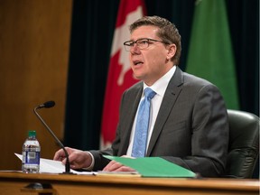 Saskatchewan Premier Scott Moe communicates the government's plan to reopen the province's economy at a news conference held at the Saskatchewan Legislative Building in Regina, Saskatchewan on April 23, 2020.