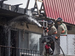 Emergency crews responded to a fire on the upper level of the Westgate Inn in Saskatoon on Monday, April 27, 2020.