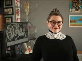 Lise LeBlanc dresses up as Supreme Court Justice Ruth Bader-Ginsburg, one of many costumes she's shared with colleagues to bring joy to her coworkers in Saskatoon while working from home during the COVID-19 pandemic. (Michelle Berg / Saskatoon StarPhoenix)