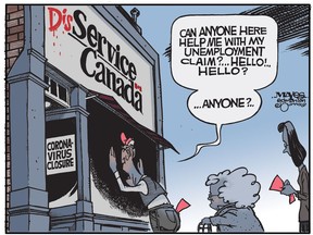 UPLOADED BY: Malcolm Mayes ::: EMAIL: letters@edmontonjournal.com ::: PHONE: 000-000-0000 ::: CREDIT: Malcolm Mayes ::: CAPTION: For Edmonton Journal use only. Service Canada closes offices when they are needed most. (Cartoon by Malcolm Mayes)