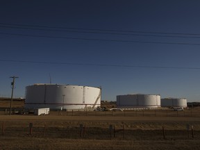 TC Energy Corp. oil storage tanks are seen in Hardisty, Alberta.