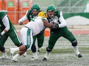 University of Saskatchewan Huskies' offensive lineman Mattland Riley is a likely selection in Thursday's CFL draft. (GetMyPhoto.ca)