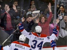 Spokane Chiefs forward Adam Beckman, a Saskatoon minor hockey product, celebrates a WHL goal against the Vancouver Giants.