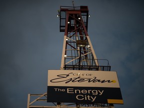 A view of the city sign, hanging on a mock rig derrick, that stands welcoming visitors to Estevan.
