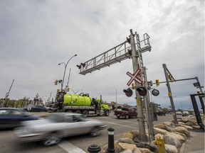 The railway crossing at Idylwyld Ave and 25th St often causes delays for motorist heading to and from downtown Saskatoon. Photo taken in Saskatoon, Sask. on May 29, 2020.