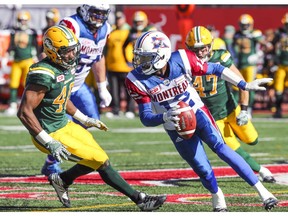 Former Edmonton Eskimos linebacker Deon Lacey (left), shown here chasing Montreal Alouettes quarterback Rakeem Cato in 2016, signed with the Saskatchewan Roughriders on Thursday.