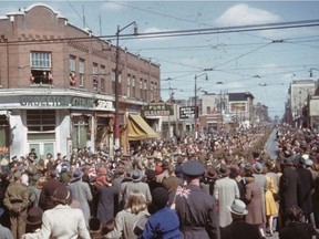 Seventy years ago, on May 8, 1945, a parade of service personnel makes its way west down Regina's 11th Avenue to mark the Allies victory in Europe — an event dubbed "VE Day". This photo was taken by Everett Baker, who later donated it to the Saskatchewan History and Folklore Society.