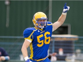 Former Saskatoon Hilltops rush end Tom Schnitzler, shown here celebrating a fumble recovery for a touchdown against the Winnipeg Riffles during the 2015 season, was selected in the 2020 CFL Draft by the Hamilton Ti-Cats after two seasons with the UBC Thunderbirds.