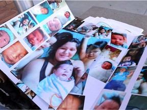 Nikosis Jace Cantre's family's collage of photos of him, shown outside court in Saskatoon on July 4, 2017.