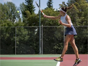 Canadian pro tennis player Ariana Arseneault returns a shot to Jessica Ho (not pictured) during the Riverside Tennis Classic at the Riverside Badminton and Tennis Club in Victoria Park in Saskatoon on Monday, July 8, 2019. The 2020 Riverside Classic has been cancelled due to the COVID-19 pandemic.