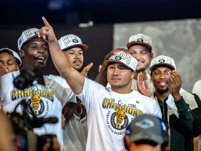 Michael Linklater and the Saskatchewan Rattlers celebrate a first-ever Canadian Elite Basketball League championship win over the Hamilton Honey Badgers on Sunday, Aug. 25 at SaskTel Centre in Saskatoon.