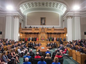 Lieutenant Governor  Russ Mirasty, centre, delivers his first throne speech at the Saskatchewan Legislative Building marking the opening of the 28th Legislature.