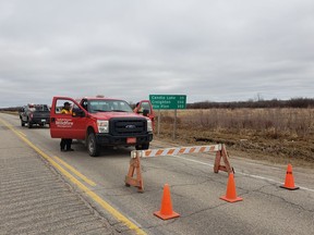 A checkpoint on Highway 120 about 35 kilometres south of Candle Lake, Saskatchewan, enforces the ban on non-critical travel into the northern half of the province to prevent the spread of the COVID-19 pandemic on Sunday, May 3, 2020. The resort village of Candle Lake is located about 205 kilometres northeast of Saskatoon. (Photo: Ron Cherkewich)