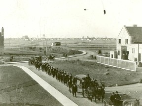 Funeral procession of pharmacy student William Hamilton who died at the University of Saskatchewan during the Spanish Influenza Pandemic (Photograph Collection, A-5709).