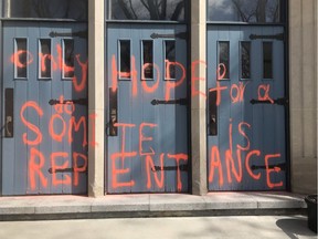 St. Andrew's College at the University of Saskatchewan, along with McClure United Church and Grosvenor Park United Church, was vandalized on the weekend with homophobic messages. (Photo courtesy Jake Buhler)