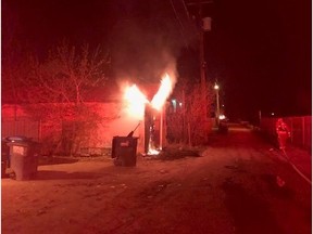 Saskatoon Fire Department crews extinguished a string of small fires affecting garage-like structures and garbage bins around the city in the early morning hours Thursday May 14. The fires are considered suspicious. Photos provided by the Saskatoon Fire Department.