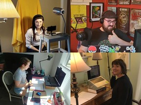 Performer Johanna Arnott (top left), director Grahame Kent (top right), production manager Judith Schulz (bottom left), and performer Lisa Bayliss (bottom right) are all working from their home studios to make the Short Cuts Theatre Festival happen digitally in Saskatoon during the COVID-19 pandemic.