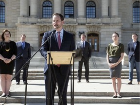 NDP Leader Ryan Meili addresses the media on the front steps of the Saskatchewan Legislative Building on Thursday, May 21, 2020.