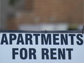 A sign advertising apartments for rent in Regina, Saskatchewan on May 21, 2020.