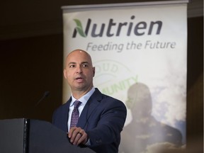 Nutrien CEO Chuck Magro speaks to the Greater Saskatoon Chamber of Commerce luncheon at the Radisson Hotel in Saskatoon, Sask. on Feb. 21, 2019.