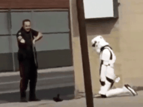 A woman dressed in a Star Wars stormtrooper costume was arrested by Lethbridge police on suspicion she was armed with a real weapon.