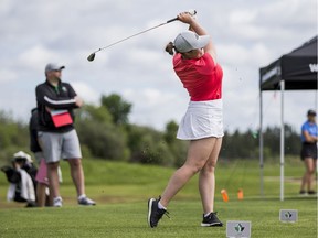 Hannah MacNeil, of Shaunovon, tees off on the first hole at Moon Lake Golf and Country Club for the 2019 Saskatchewan Amateur women's golf championship near Saskatoon on Wednesday, July 3, 2019.