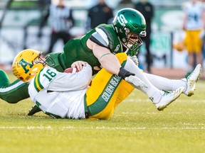 The Saskatchewan Huskies, shown here in action against the Alberta Golden Bears in the 2019 Canada West football semifinal. It was the Huskies' first playoff home football game since 2014.