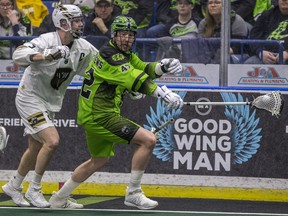 Saskatchewan Rush forward Mark Matthews moves the ball against the Vancouver Warriors on March 7, the last Rush game of the 2019-20 NLL season.