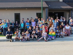 Supporters of a motion to fly a Pride flag in La Ronge outside of town hall in 2019. The motion was later approved 6-1 by council. (Submitted: Colin Ratushniak).