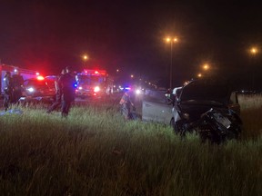 A 33-year-old man was killed June 29, 2020 after the vehicle he was in struck a guardrail and rolled at Idylwyld Drive and Highway 16. Photo provided by the Saskatoon Fire Department.
