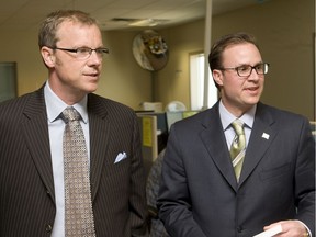 Saskatchewan Premier Brad Wall (left) appears with Minister of Advanced Education Rob Norris to announce a program in May of 2008 in Saskatoon.
